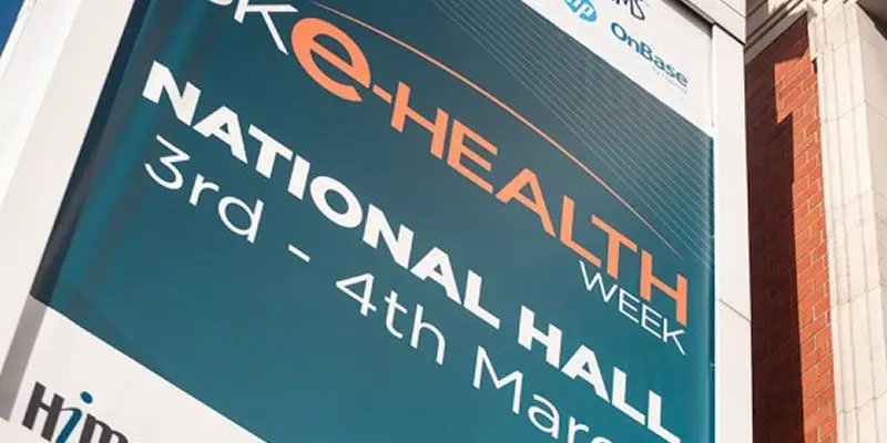 Photograph of the external signage for the UK e-Health Week Conference 2015