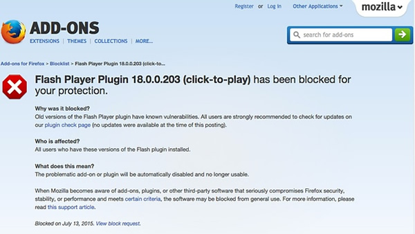 Firefox blocks Adobe’s Flash plugin